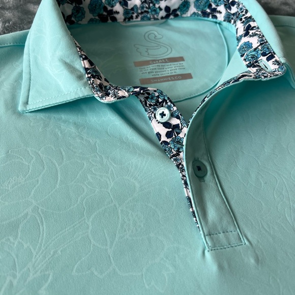Swannies Blue Subtle 🌿 Floral Golf Performance Apparel Polo With Flower Collar S - Picture 6 of 13